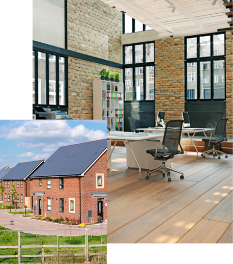 Image of a complete home development project next to an image of a modern office space